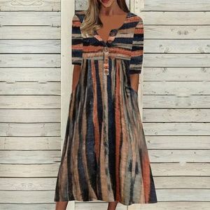 Rustic Vertical Stripe Button Front Midi dress
